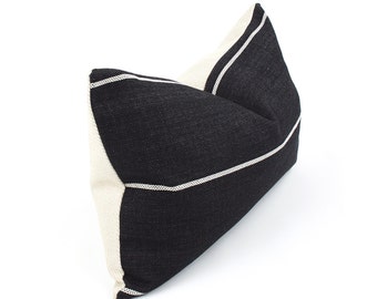 Black Lumbar Pillow Cover with Cream Stripes, Choose Your Size, Woven Pillow, Black and White Pillow, Black Throw Pillow, Streamline