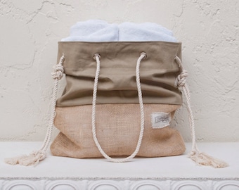 Khaki Burlap Bottom Beach Bag Jute Tote The Sandbag
