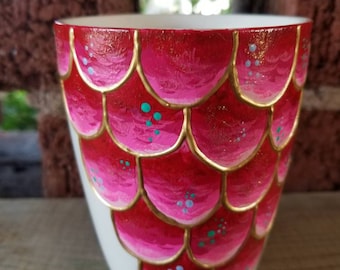 Red Mermaid Scale Coffee Mug with Gold Accent//Mermaid Mug//Gift for Her//Mermaid Gift//Gift under 25//Ocean Theme