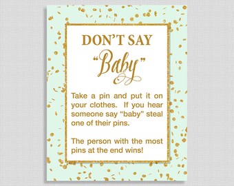 Don't Say Baby Shower Game Sign, Mint & Gold Glitter Confetti Baby Shower Game, Diaper Pin Game, Neutral, INSTANT DOWNLOAD