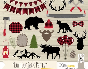 Lumberjack Party Clip Art, Lumberjack Plaid Clipart, Woodland Clipart, Red Flannel Clipart, Lumberjack Birthday, Commercial Use