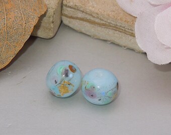 Handmade Lampwork Blue Glass Round Bead Pair SRA DIY-Bastets Beads- Blue Opal Confetti