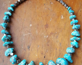 Morenci Turquoise Nugget and Pyrite Necklace, Karen Hill Tribe, Southwest Turquoise, Arizona Turquoise, Turquoise Jewelry, Natural Turquoise