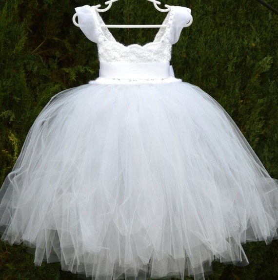 Crochet Chiffon & Tulle Tutu Flower Girl Dress White Dress