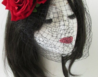 Red Black Rose Flower Birdcage Veil Fascinator Vintage Headpiece 1940s 1950s S44