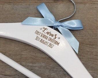 Personalised engraved childrens clothes hanger first day at school pink blue white or wood with ribbon first school uniform