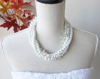 Chunky Pearl and Rhinestone Necklace, Pearl Rhinestone Statement Necklace, Bridal Pearl Necklace
