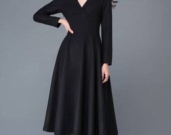 Wool dress, winter dress, black dress, long wool dress, V neck dress, maxi dress, womens dress, black wool dress, long dress C1027