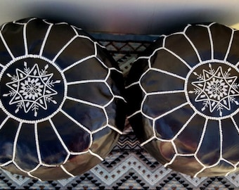 SPRING SALE ** Set of 2 Moroccan Poufs, Handmade natural Leather pouf, Ottoman pouf Home decor, floor pouf, footstool, Black