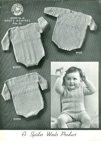 Spiderwools 56 Vintage Knitting Pattern Three Baby Rompers