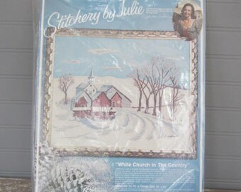 Vintage Paragon Stitchery Kit Crewel Embroidery Needlepoint Paragon White Church In The Country
