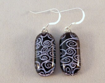 Black and Silver Dichroic Fused Glass Dangle Earrings, Fused Glass, Fused Glass Earrings, Glass Earrings, Dichroic Earrings, Dangle Earrings