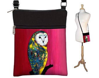 Clara Nilles Small Crossbody Bag, Cross Body Purse, Shoulder Bags for Women, Fabric Handbags, Passport Wallet, Owl red yellow blue RTS