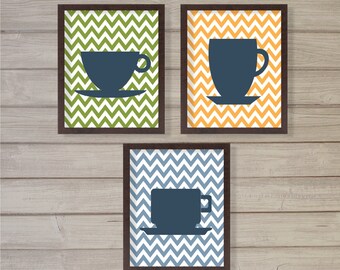 Tea Cups Print - Set of 3 - Chevron - 8x10 - Mug, Tea Time, Tea Pot, Kitchen Decor, Wall Art, Instant Download, Digital Printable Poster