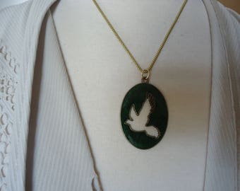 Antique Brass Green Enamel Cut Out Flying Bird Pendant on 18" Brass Tone Chain