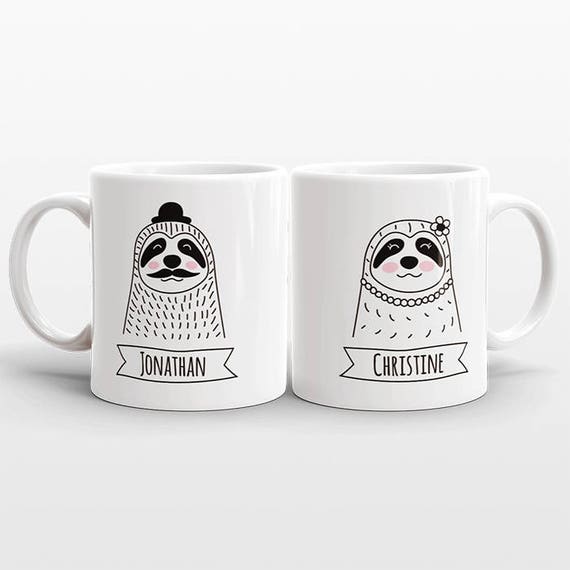 Set of 2 CUSTOM Mugs Set, Name Mugs, Sloth Couple Mugs, Anniversary Gift for Men, Boyfriend Gift, Personalized Wedding Gift Set, Coffee Mugs