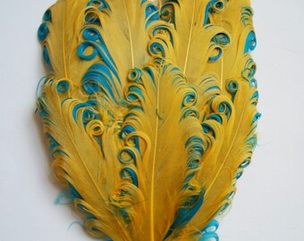 1 Gold on Aqua Curled Goose Feather Pad