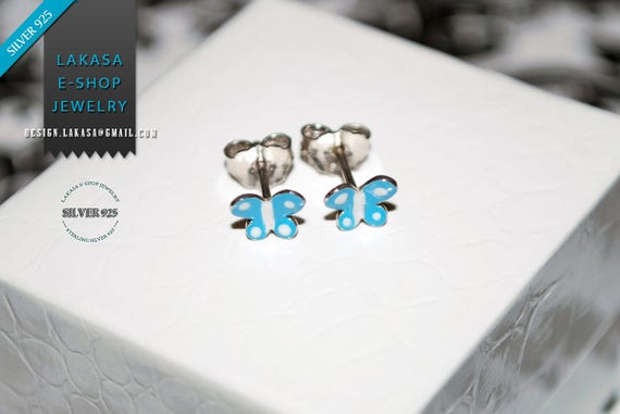 Enamel blue Butterfly studs Earrings Sterling Silver white Gold plated Handmade Jewelry freedom girl Kids Collection baby moda Best Gifts