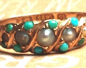 1874 Victorian 15k Gold Turquoise and Pearl Ring