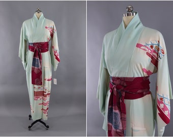 Vintage Silk Kimono Robe / Vintage Dressing Gown / Vintage Lingerie Robe / Loungewear / 1960s Light Blue & Pink Floral Clouds