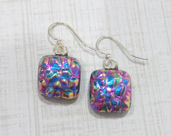 Pink Earrings, Textured Pink and Blue Dichroic Earrings, Dangle Earrings, Fused Glass Jewelry, Gift Idea for Girl - Passionate --5