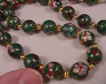 Green Cloisonne Beads pink and white flower flowers and gold tone spacers 21 inch long beaded Necklace jewelry V259-1