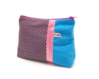 make up case turquoise and purple graphic fabric , zippered case in canvas , make up pouch