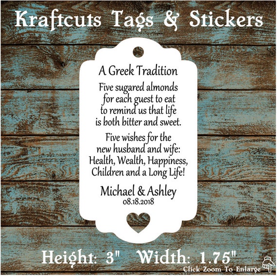 Favor Tags, Jordan Almond Favor Tags, Sugared Almond Favor Tags, Greek Wedding Favor Tags with Heart Cut Out #773 - Quantity: 30 Tags