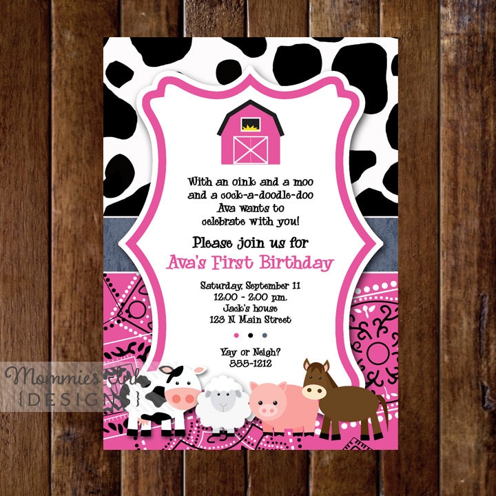 Pink Farm Animals Birthday Party Invite Farm Party Barn