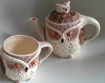 Owl Teapot and Matching Cup Made in Japan
