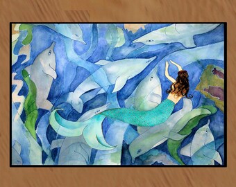 Mermaid & Dolphin Party floor mat available in 4 sizes