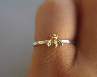 Simple tiny sterling silver bee ring, silver and gold brass stacking ring, hammered band ring, gift for women