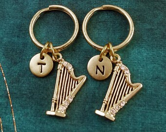 Harp Keychain SET of 2 SMALL Harp Keyrings Charm Keychains Best Friend Keychain Harpist Keychain Friendship Gift Sisters Keychain Initial