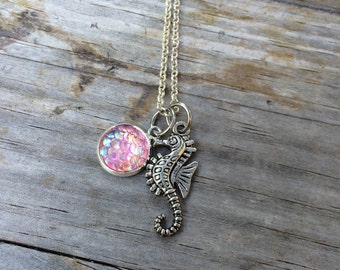 Seahorse Mermaid Scale Necklace, Charm Necklace, Mermaid Necklace