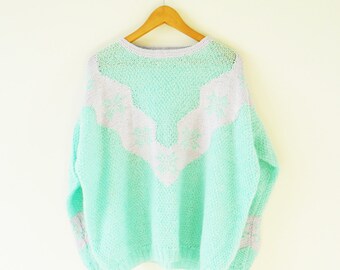 Pastel Vintage Mint Green Sweater / Vintage Kawaii Lavender and Mint Sweater / Cozy Vintage Pastel Sweater