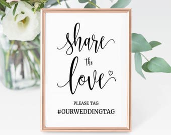 Wedding Hashtag Sign, Social Media sign, Wedding printable sign, instagram sign. Share the Love calligraphy sign. PDF Edit in Adobe Reader.