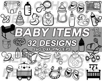 baby svg, baby shower svg, baby item svg, baby cot, milk bottle, diaper, baby toy, bib, duck toy, pacifier , clipart, stencil, cut file