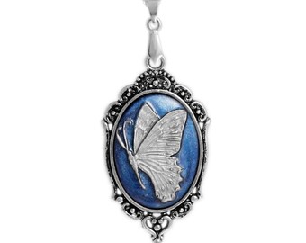 Persian Blue & Silver Color Butterfly Cameo Vintage Style Pendant Necklace in Silver Tone