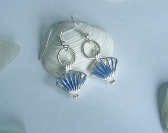 Shell earrings - blue sea glass earrings - beach glass locket earrings.