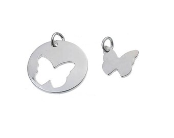 SET of 2 charm mother daughter pendant round Medal with butterfly Silver (B48)
