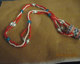 Peyote Beaded Miniature Bottle/Catcher Necklace...Red,White & Turquoise...handmade...OOAK