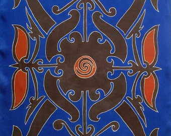 Mens Silk Scarf, Hand Painted scarf, Tribal scarf, Blue scarf, Batik scarf, men's fashion scarves, silk scarf mens, unique silk scarf, Dayak