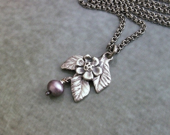 Charm necklace, silver flower and leaf, small silver leaf and flower necklace, silver charm necklace, fine silver charm, necklace