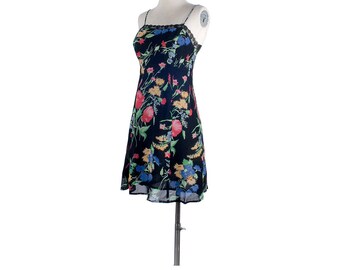 Vintage 90s Dress - 90s Rayon Dress - 90s Mini Dress - 90s Sundress - Floral Rayon Mini Dress - 90s Grunge Dress - 90s Sundress - Black Pink