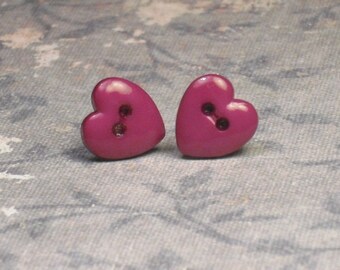 Magenta Heart Button Stud Earrings