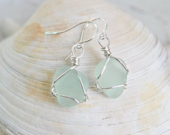 small sea glass earrings in pale green/sea foam – dangle earrings - eco friendly sea glass jewelry