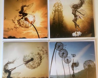 4 pack of Fairy greetings cards by FantasyWire, including Skylark, Anahi, Trillian and Dancing with Dandelions