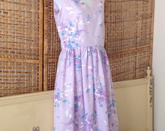 Vintage Lavender Floral Summer Cotton Dress Sleeveless Casual Day Dress Sz 6