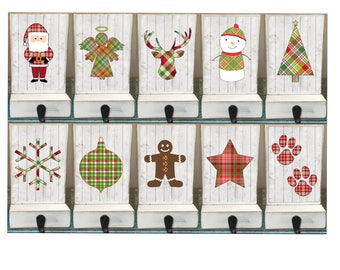 White stocking holders, set of 4, rustic, reclaimed wood, family stockings, pet stocking hook, plaid, stocking hanger, stocking holder