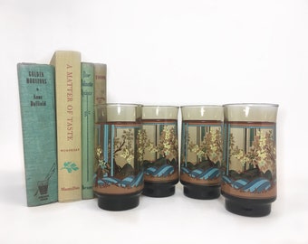 Vintage 70s Tumblers | Vintage Retro Drinking Glasses | Vintage 70s Cups | Yvonne Butterflies and Trees, Heavy Bottom Juice Glasses